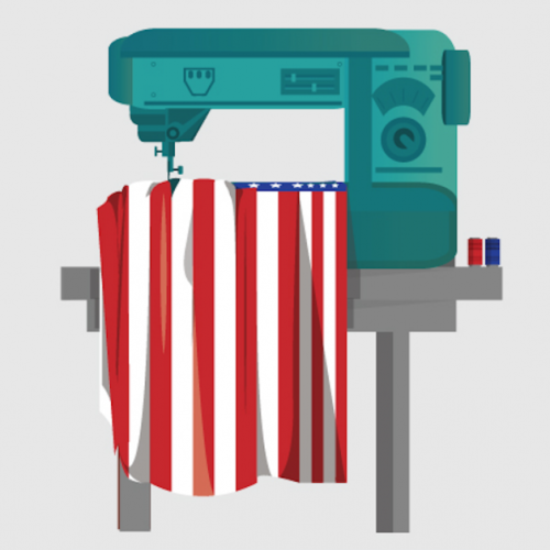 Image: illustration of a sewing machine repairing a US flag